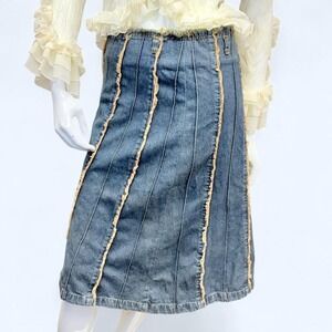 Fibbie Denim Midi Skirt Distressed Paneled Raw Hem Y2K Low Rise Womens S